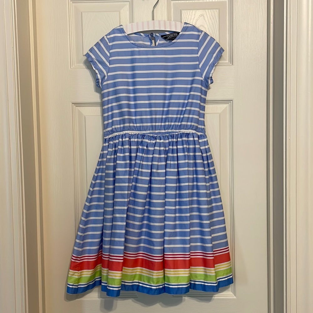 Lands End blue and white striped dress with colorful dress hem - Size 8